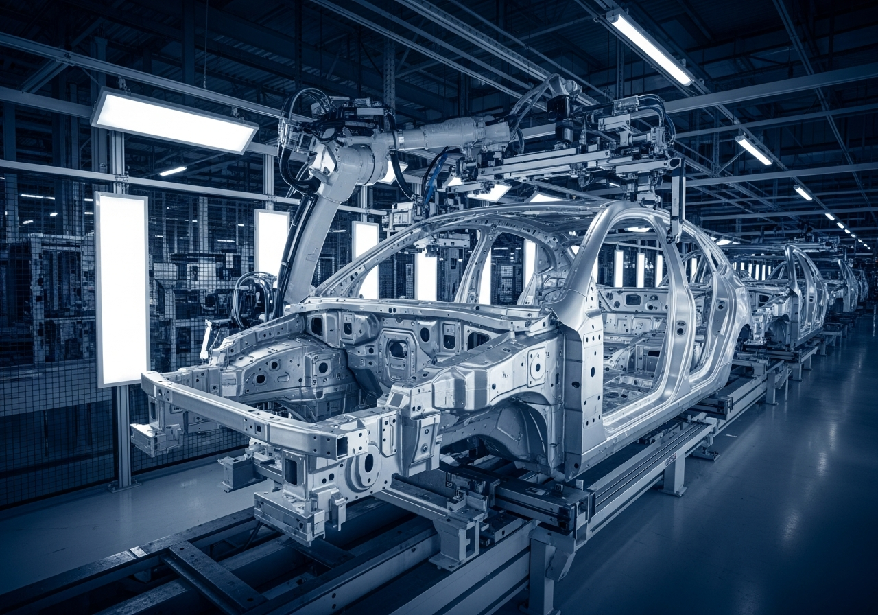 Automotive aluminum chassis manufacturing facility with robotic assembly