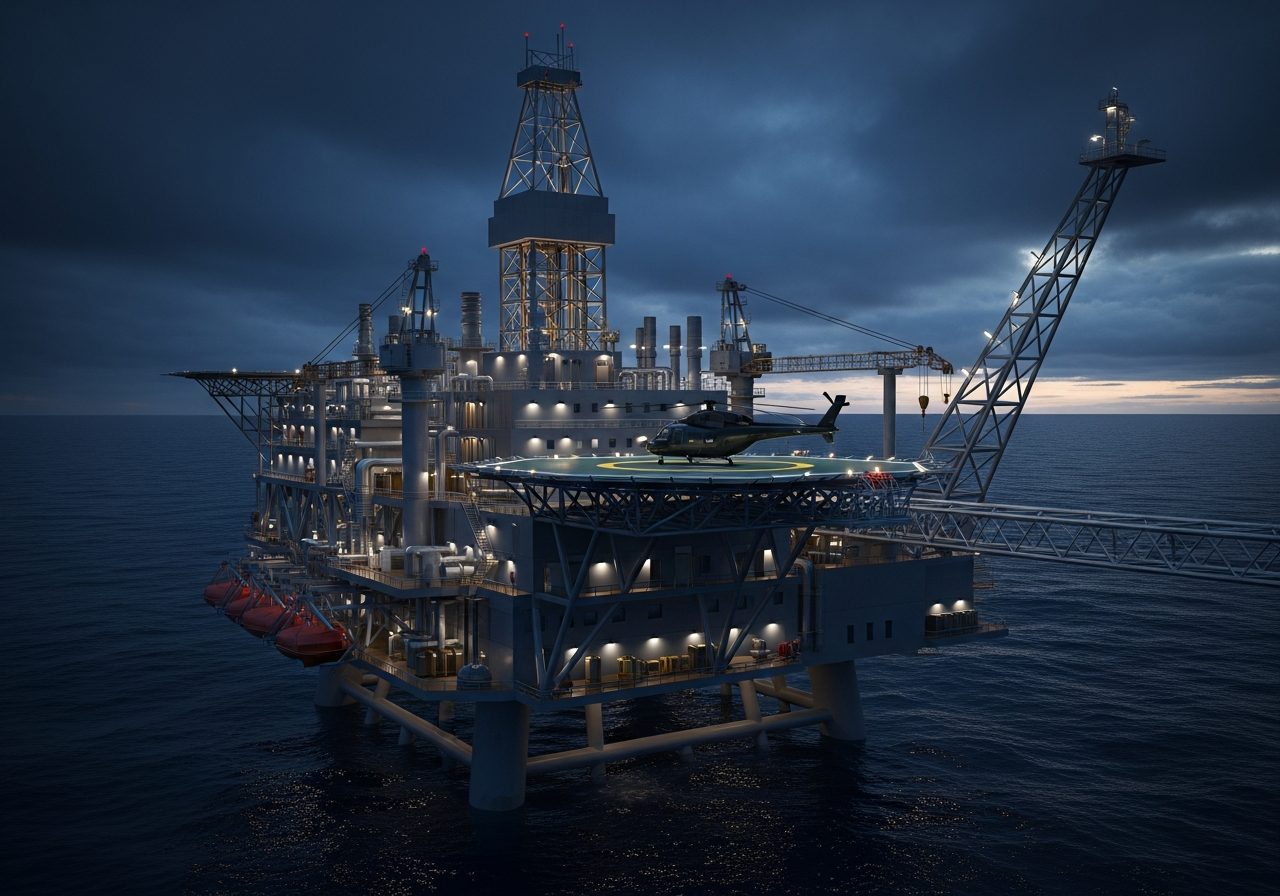 Offshore oil drilling platform with industrial infrastructure