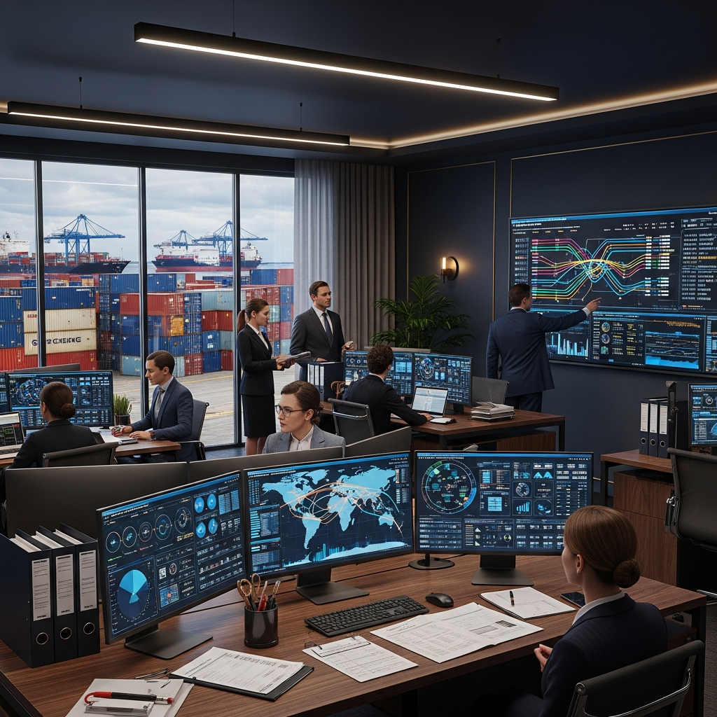 Energy trade compliance office with logistics coordination